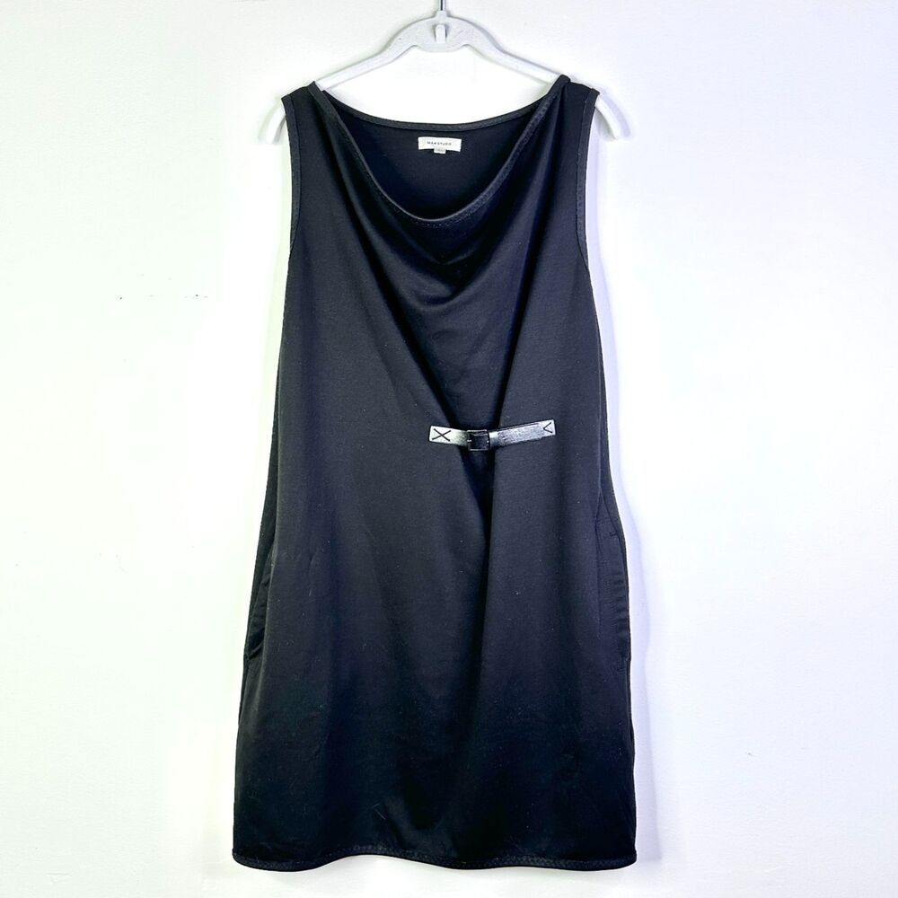 Max Studio Dress Women L Black Midi Cowl Neck Belt Sleeveless Boho Chic